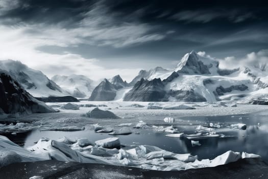 A photographer journeys to the end of the earth to capture the stark beauty of an ice fjord. The landscape is both majestic and foreboding, with towering glaciers that seem to stretch endlessly into the distance, and frigid waters that crash against the ice. The photographer captures a sense of awe and wonder in this stark, otherworldly landscape. (generative AI)