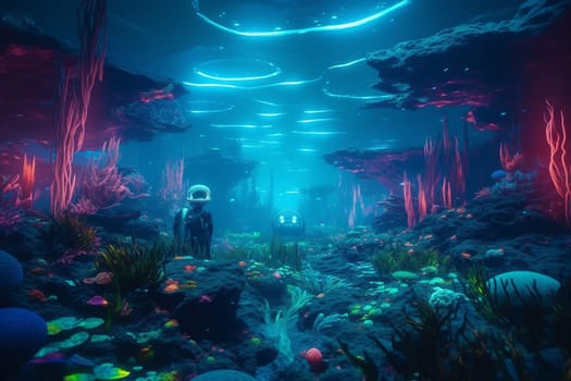 Discover an otherworldly landscape deep in the ocean depths. Strange and surreal shapes punctuate the dark, foreboding waters, while neon lights cast an eerie glow that heightens the sci-fi ambience. The high contrast adds to the surreal quality of the scene. (generative AI)