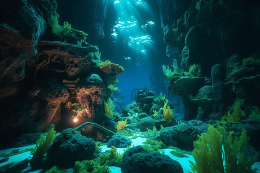 Discover an otherworldly landscape deep in the ocean depths. Strange and surreal shapes punctuate the dark, foreboding waters, while neon lights cast an eerie glow that heightens the sci-fi ambience. The high contrast adds to the surreal quality of the scene. (generative AI)