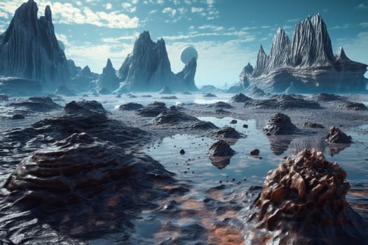 This alien landscape is both beautiful and eerie, with jagged rock formations rising up from the surface of an otherworldly planet. The dramatic lighting and high contrast create a surreal atmosphere, while the panoramic view of the shimmering sea in the distance adds an extra touch of mystery. (generative AI)