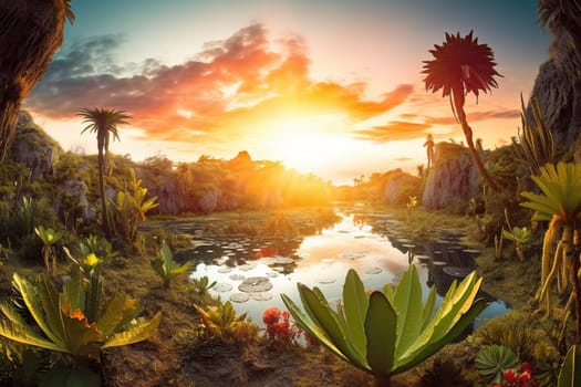 Imagine a science fiction world with a double sun setting over a beautiful lake filled with exotic aquatic plants. The vivid colors and sharp focus of this alien landscape make it a must-have for landscape photography enthusiasts. (generative AI)