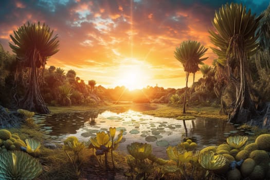 Imagine a science fiction world with a double sun setting over a beautiful lake filled with exotic aquatic plants. The vivid colors and sharp focus of this alien landscape make it a must-have for landscape photography enthusiasts. (generative AI)