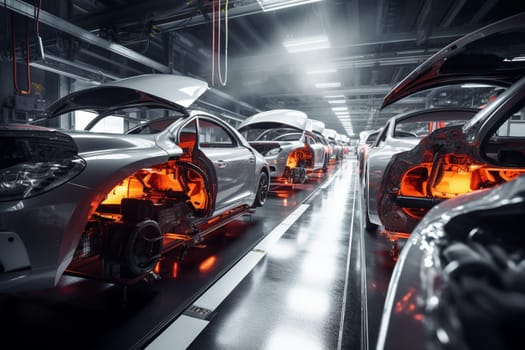 The future of manufacturing comes to life in this high-tech and futuristic assembly line scene. Robots work tirelessly amidst a vibrant and colorful environment, creating intricate details and components with precision and speed. (generative AI)