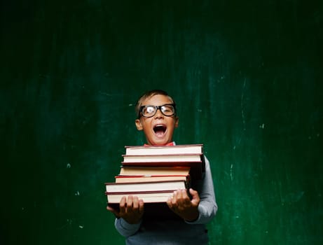 Ecstatic schoolboy in eyeglasses holding books