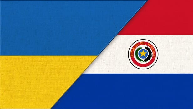 Flags of Ukraine and Paraguay - 3D illustration. Two Flags Together. National symbols of Ukraine and Paraguay. Ukrainian and Paraguayan relations. diplomatic relations between two countries
