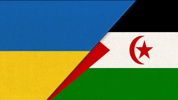 Flags of Ukraine and Western Sahara. National symbols of Ukraine and Western Sahara. Sahrawi Arab Democratic Republic. Ukrainian and Western Sahara flags. diplomatic relations between two countries