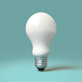 A 3D illustration of a white light bulb on a light aquamarine background