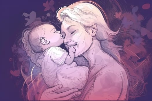 Mother and Child Bond. happy mothers day celebration .illustration. line drawing