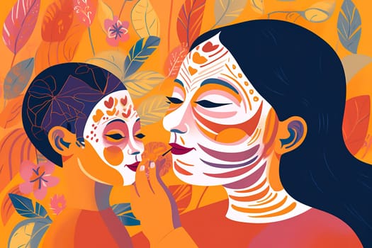 Mother and Child Bond. happy mothers day celebration .illustration. line drawing