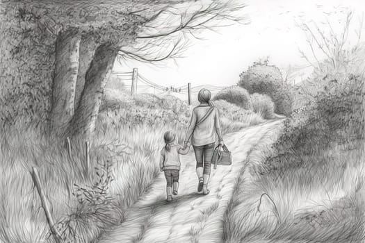 Mother and Child Bond. happy mothers day celebration .illustration. line drawing