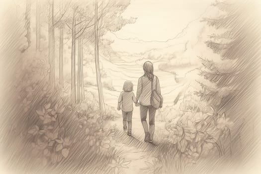 Mother and Child Bond. happy mothers day celebration .illustration. line drawing