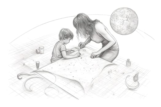 Mother and Child Bond. happy mothers day celebration .illustration. line drawing