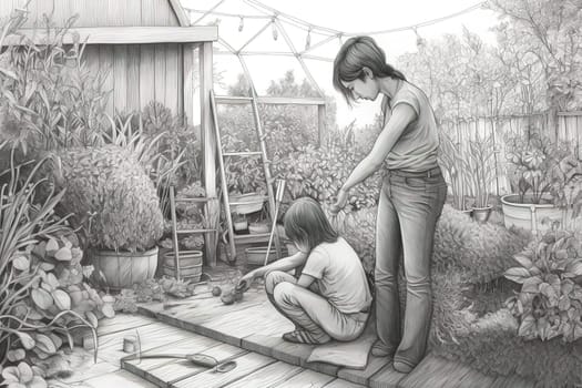 Mother and Child Bond. happy mothers day celebration .illustration. line drawing