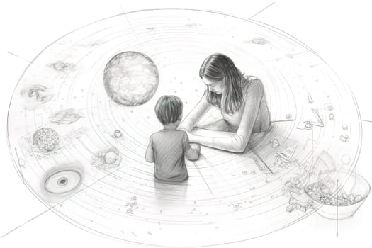Mother and Child Bond. happy mothers day celebration .illustration. line drawing