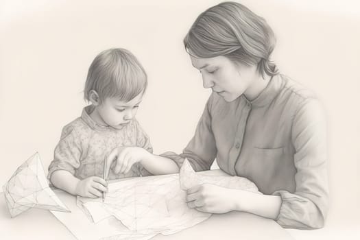 Mother and Child Bond. happy mothers day celebration .illustration. line drawing