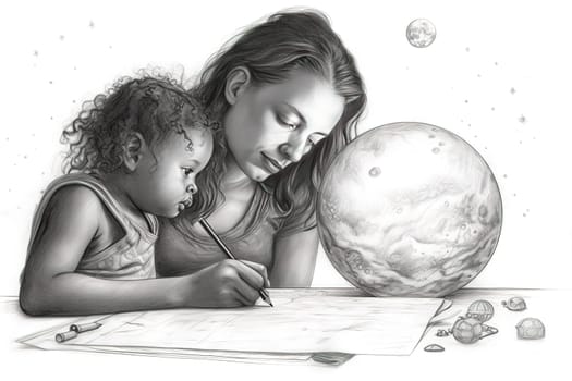 Mother and Child Bond. happy mothers day celebration .illustration. line drawing