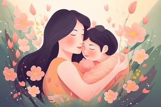Mother and Child Bond. happy mothers day celebration .illustration. line drawing