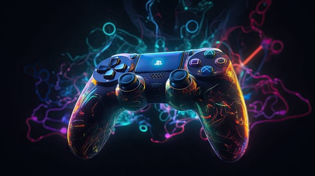 Glowing neon light gamepad - generative AI - AI generated