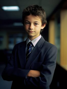Youg boy wearing a businessman suit in an office - Generative AI - AI generated