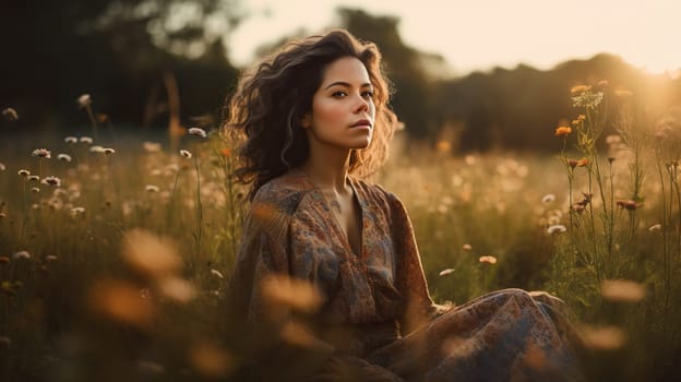 Young Latina woman, wearing a flowing bohemian dress, in a field of wildflowers, generative AI, AI generated