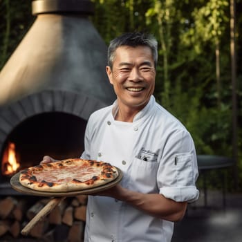 Asian male chef, standing in front of an outdoor wood-fired pizza oven, generative AI, AI generated