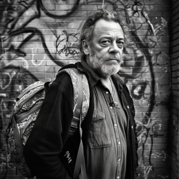 homeless man standing in front of street art wall, generative AI - AI generated