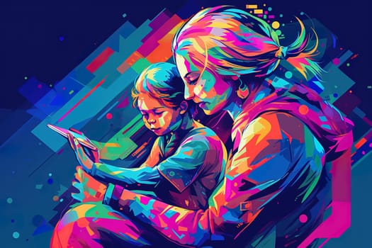 Mother and Child Bond. happy mothers day celebration .illustration. line drawing