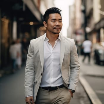 Asian man wearing a light grey blazer is photographed in an urban setting, generative AI - AI generated