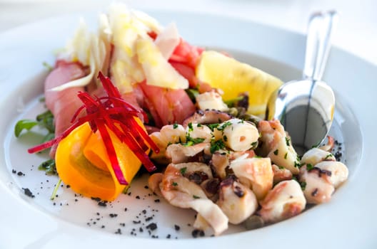 Seafood salad served in white plate closeup. Octopus and tuna fish with lemon salad appetizer on restaurant table. Mediterranean cuisine recipe. Luxury sea food dinner.