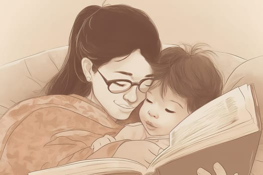 Mother and Child Bond. happy mothers day celebration .illustration. line drawing
