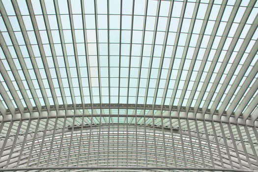 Liege, Belgium, June 2021: Futuristic architecture of the Guillemins train station roof in Liege. Design by architect Santiago Calatrava