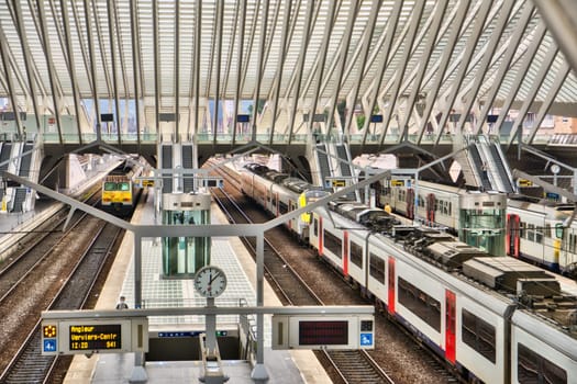 Liege, Belgium, June 2021: Indoor scene of the Train station of liege guillemins.