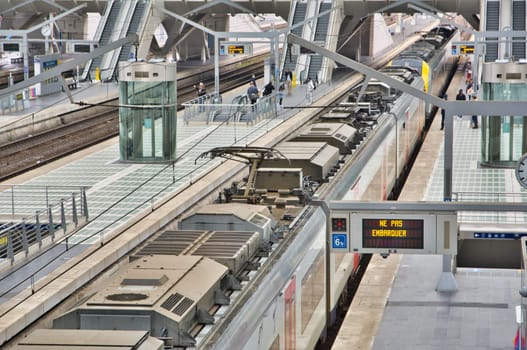 Liege, Belgium, June 2021: Ne pas Embarquer or do not board the train message in Belgian railway station Guillemins in Liege