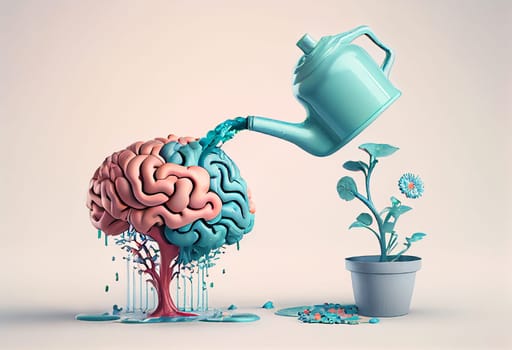 Human brain growing from a flower, watering can is pouring water on the mind, mental health concept, positive attitude, creative thinking, generative AI