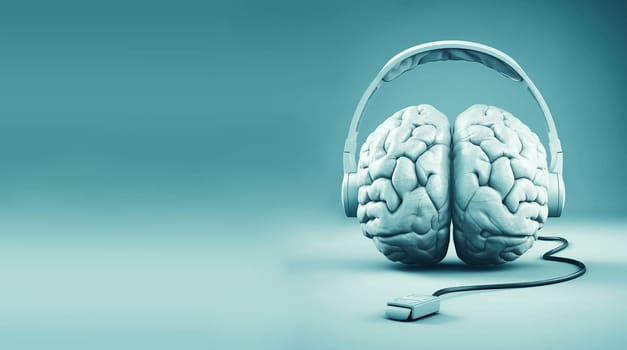 Human brain with headphone and USB port , connected to the internet, education and social media concept, intelligent mind, generative AI