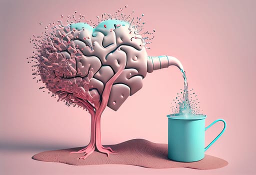 Human brain tree in heart shape pouring water into a cup, mental health concept, love and emotion, positive attitude, creative thinking, generative AI