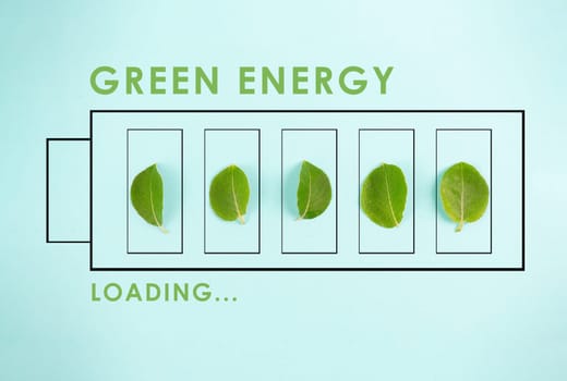 Green energy loading bar with leaves, sustainable renewable electricity power, csr concept, environment protection, eco technology