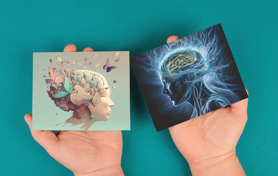Human brain with butterflies and lightning, mental health concept, positive and negative thinking, creative and confused mind, generative AI