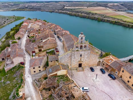 Panoramic aerial view of Madaruelo province of Segovia Spain, Church of Santa Maria