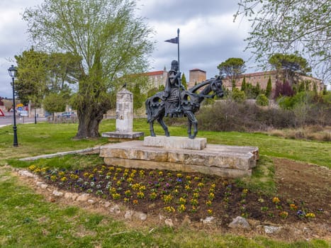 Caleruega , Spain - April 12, 2023 : Statue of El Cid Campeador at the entrance of Caleruega, Burgos Spain
