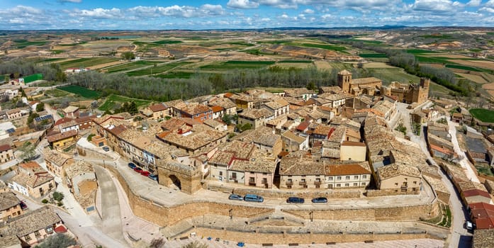 Panoramic aerial view of Monteagudo de las Vicarias is a historic town in the province of Soria, judicial district of Almazan, Autonomous Community of Castilla and Leon, Spain.