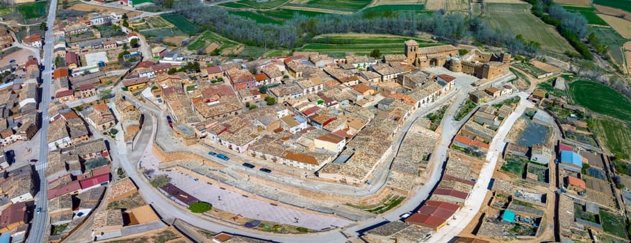Panoramic aerial view of Monteagudo de las Vicarias is a historic town in the province of Soria, judicial district of Almazan, Autonomous Community of Castilla and Leon, Spain.