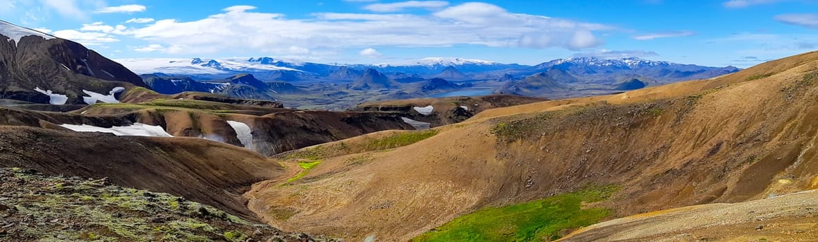 Panorama Icelandic landscape at Fjallabak, on the Laugevegur hiking trail. Travel and tourism in Iceland