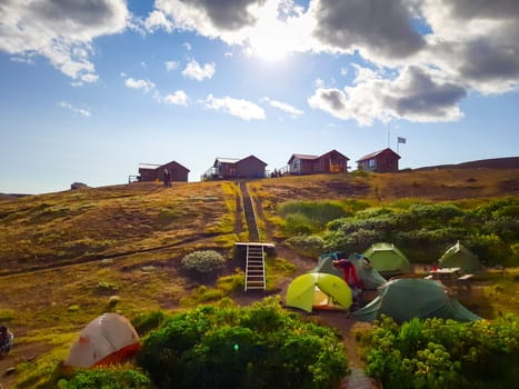 Emstrur, Iceland, July 2020: view on emstrur botnar hut and camping ground on the laugavegur hiking trail. travel and tourism.