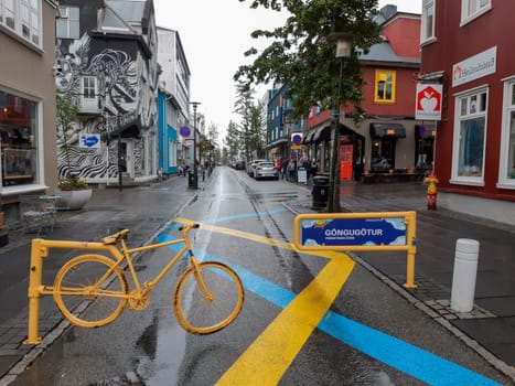 Reykjavik, Iceland, July 2019: pedestrian zone in Reykjavik, Iceland, on a rainy day