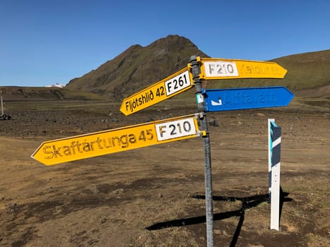 Katla, Iceland, July 2019: directional road sings to Skaftartunga, Fljotshlid, Keldur and Alftavatn