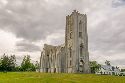 Iceland, Reykjavik, July 2019: Cathedral of Christ the King or in Icelandic: Landakotskirkja, formally Basilika Krists konungs (The Basilica of Christ the King), often referred to as Kristskirkja