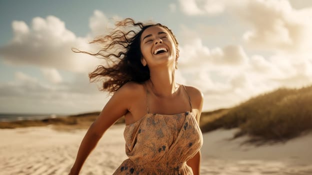 A young hispanic girl wearing a stylish sundress, stands on a sandy beach - generative AI - AI generated