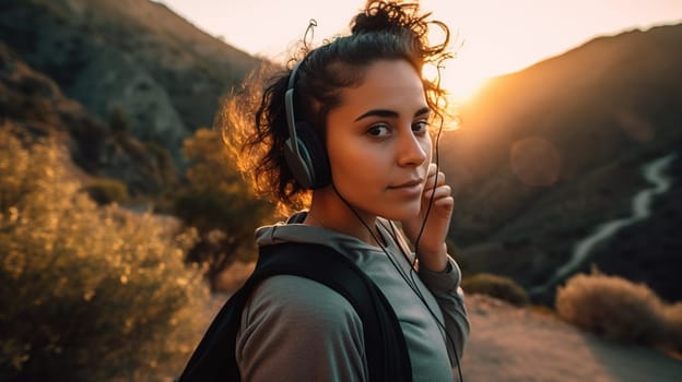 20 year old Hispanic girl wearing workout gear and headphones - generative AI, AI generated