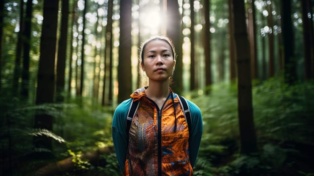A young adult woman, of Asian ethnicity, wearing athletic attire, stands in a serene forest setting - generative AI - AI generated